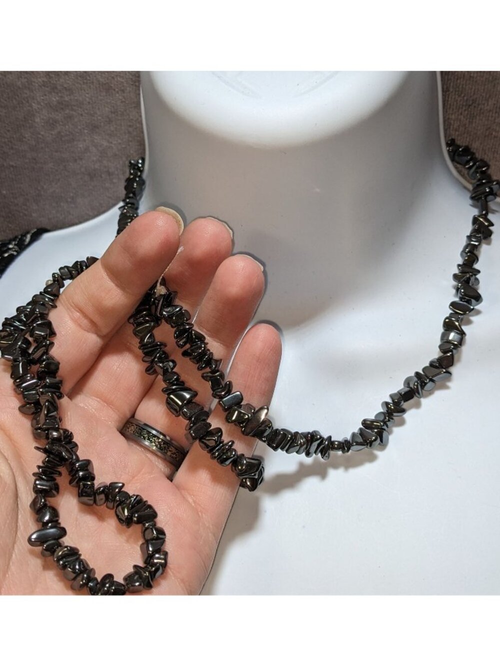 Hematite Chip Beaded Necklace 33 Inches Long Polished Natural Stone Jewelry Blac